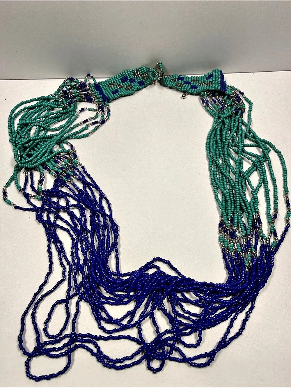Susan Graver Multi-Strand Seed Bead Statement Necklace Blue & Green